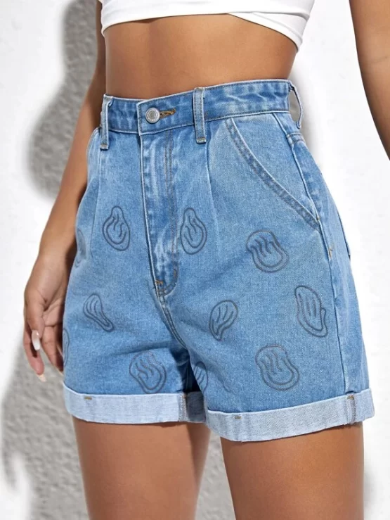 Cartoon Graphic Button Pocket Zipper Roll Hem Denim Shorts