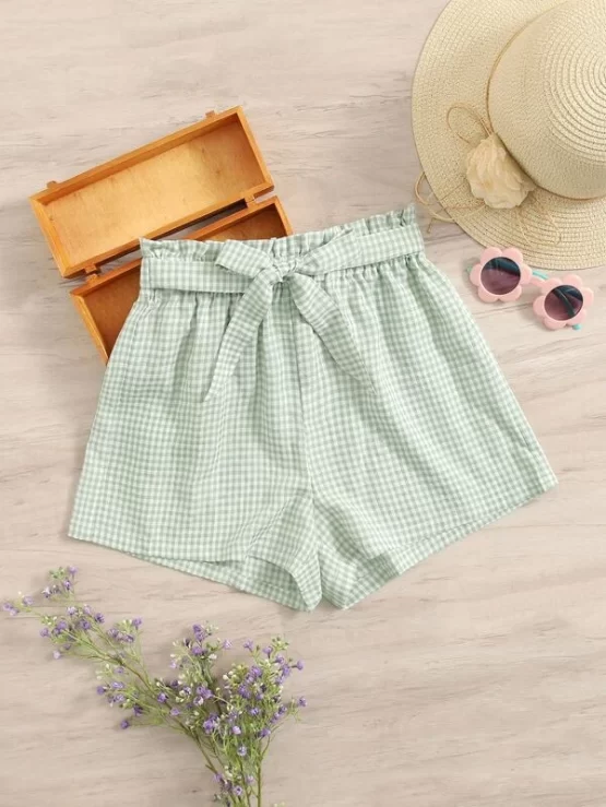 Teen Girls Gingham Print Paperbag Waist Knot Front Shorts