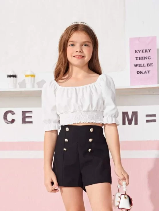Girls Button Wide Leg High Waist Front Shorts - Image 8