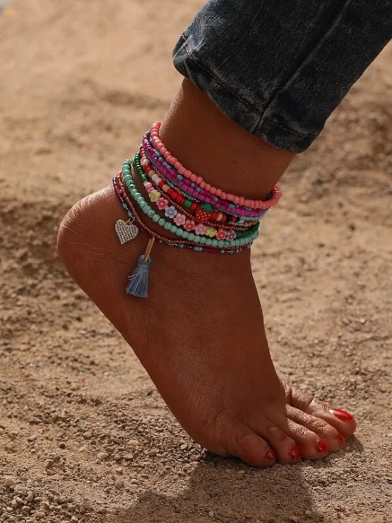 Twelve Pieces Random Heart & Tassel Charm Beaded Anklet