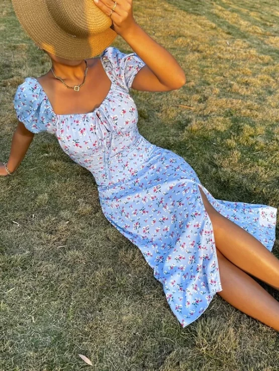 Ditsy Floral Sweetheart Neck Tie Front Split Thigh Dress