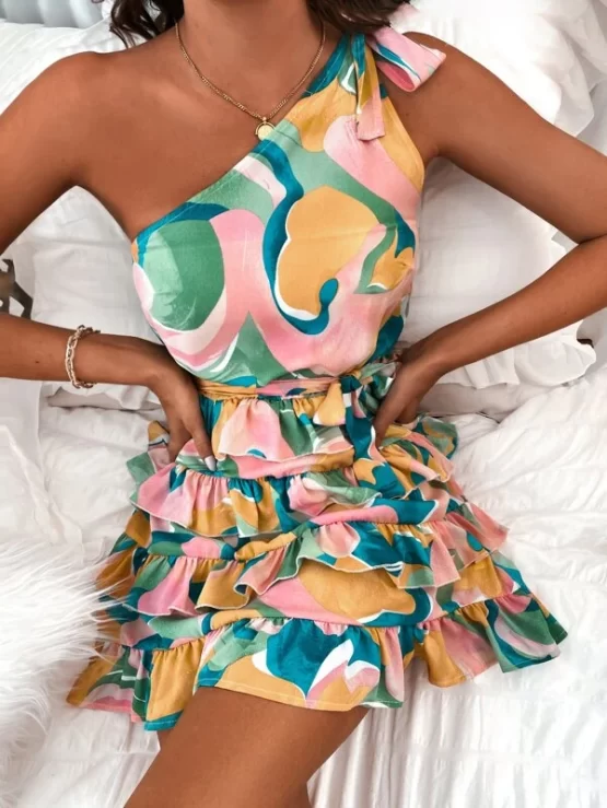 One Shoulder All Over Print Layered Hem Belted Dress