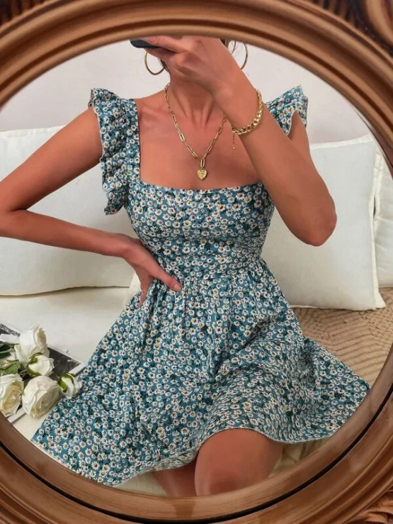 Daisy Ditsy Floral Boho Tie Back Ruffle Detail Dress