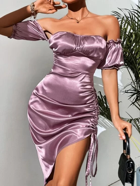 Off Shoulder Ruched Bust Drawstring Split Thigh Satin Dress