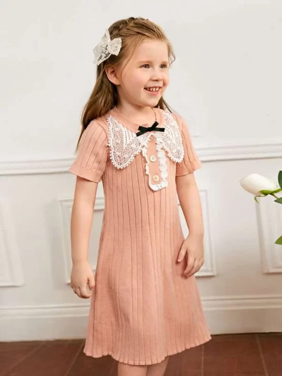 Toddler Girls Contrast Guipure Lace Bow Front Sweater Dress