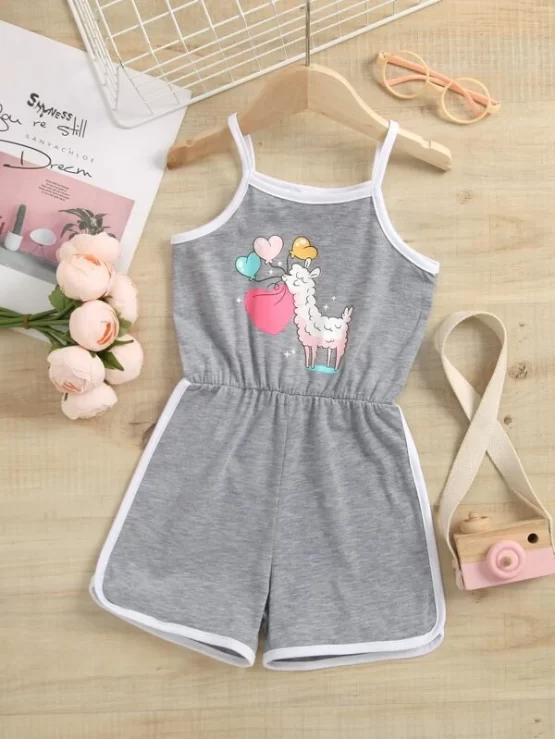 Toddler Girls Heart & Sheep Print Contrast Binding Cami Romper
