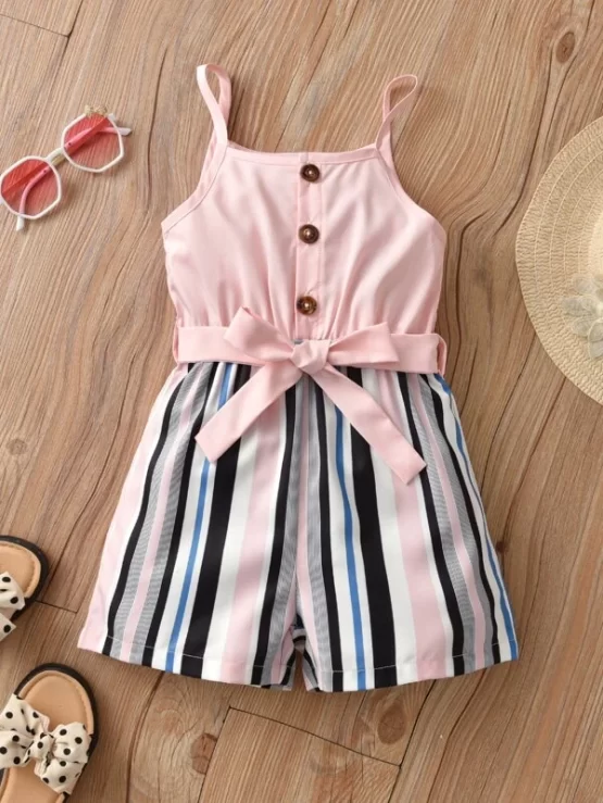 Toddler Girls Colorful Striped Button Front Belted Cami Romper