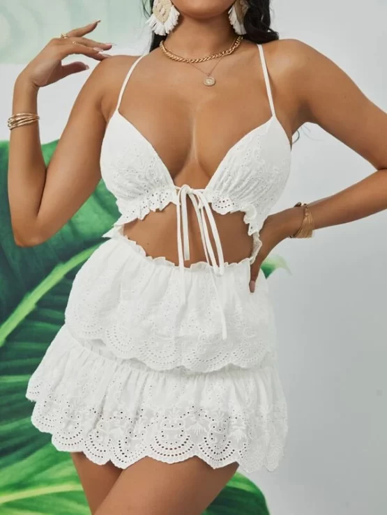 Eyelet Embroidery Cut Out Knot Front Scallop Trim Mini Cami Dress