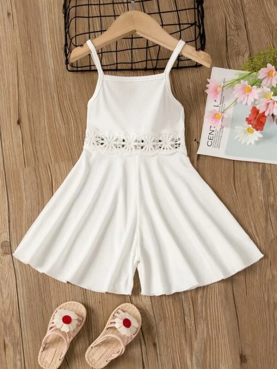 Toddler Girls Guipure Lace Insert Rib Knit Wide Leg Cami Romper