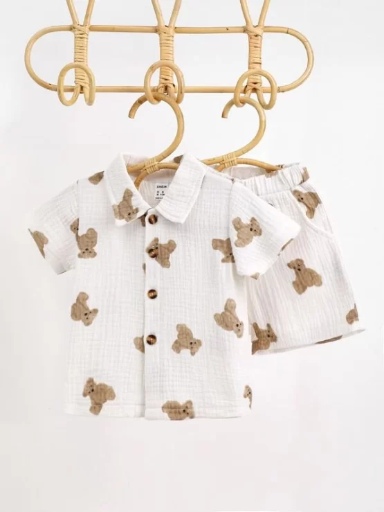 Baby Cartoon Button Front Graphic Shirt & Shorts