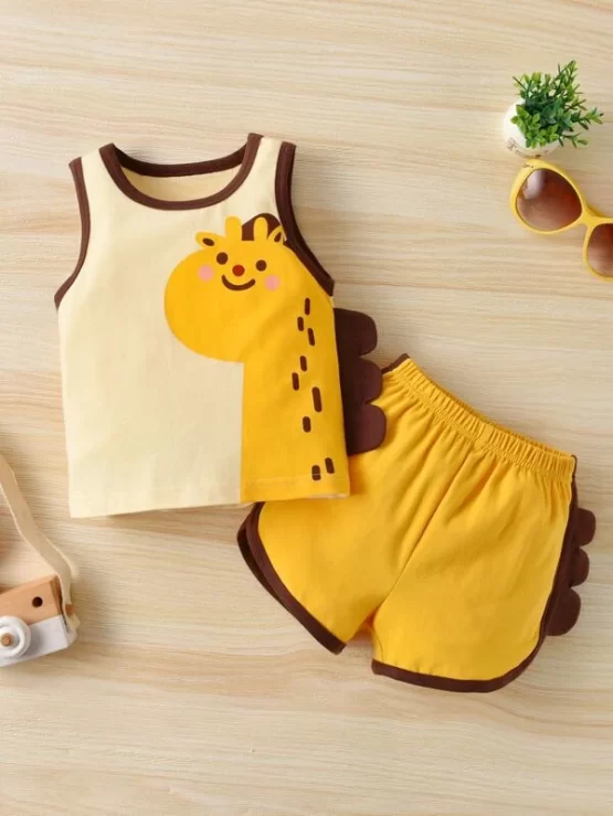 Baby Cartoon Graphic 3D Patched Contrast Binding Tank Top & Track Shorts