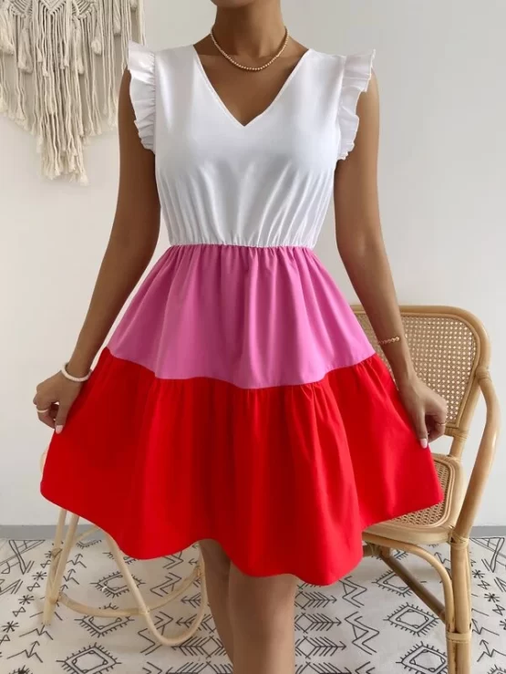 Color Block Flutter Sleeve Ruffle Hem Dress
