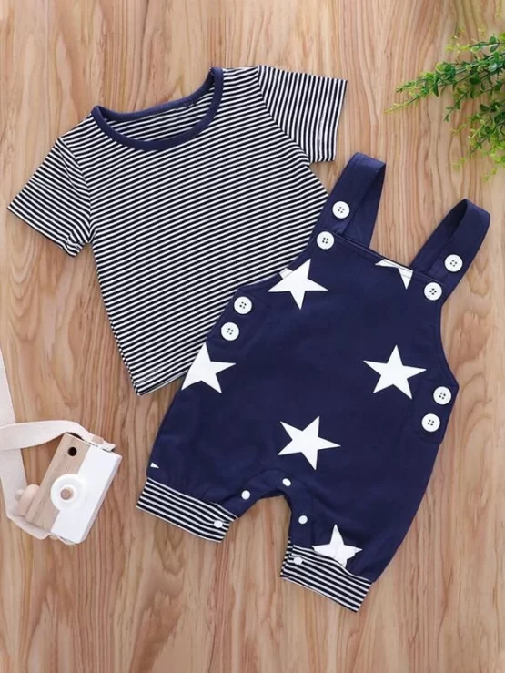 Baby Boy Striped Tee & Star Print Overall Jumpsuit