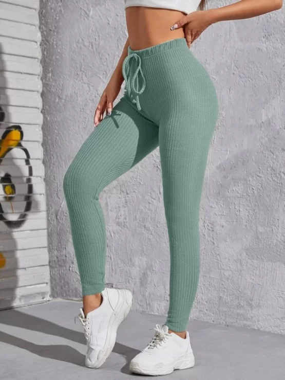 Knot Waist Plain Casual Rib-knit Solid Leggings
