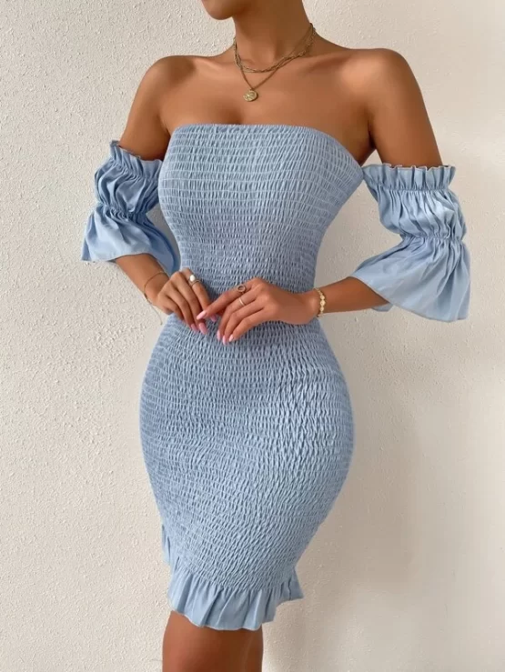 Off Shoulder Flounce Sleeve Shirred Ruffle Hem Bodycon Dress