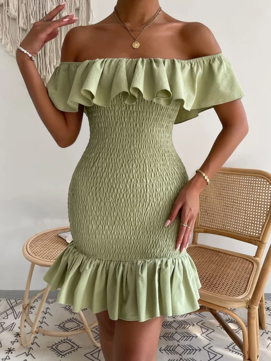 Off Shoulder Ruffle Trim Shirred Bodycon Dress