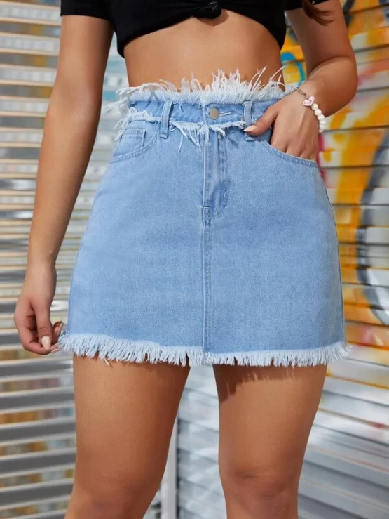 Raw Hem Trimmed Slant Pockets Denim Skirt