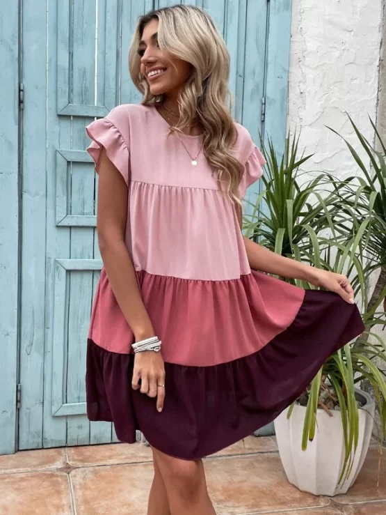 Color Block Flounce Sleeve Ruffle Hem Chiffon Smock Dress