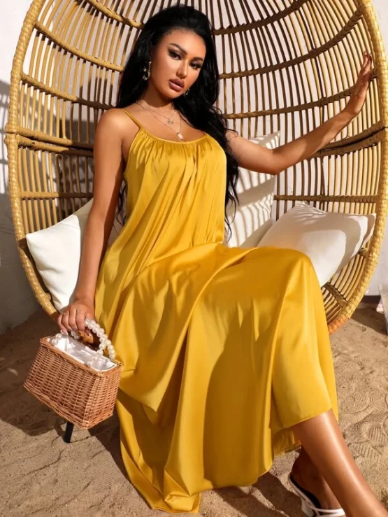 Solid Plain Sexy Backless Satin Cami Dress