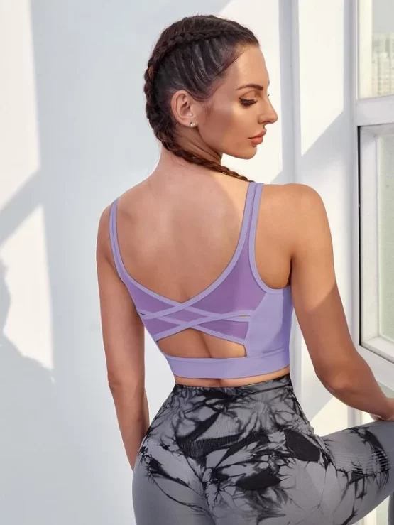 High Support Contrast Mesh Criss Cross Panel Sports Bra