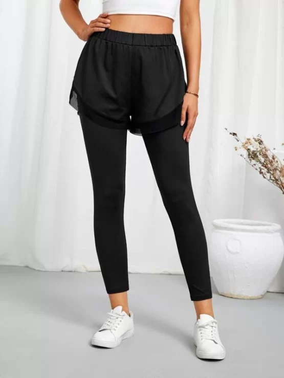 Solid Contrast Mesh 2 In 1 Sports Leggings