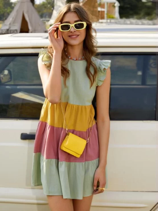 Butterfly Sleeve Color Block Smock Dress