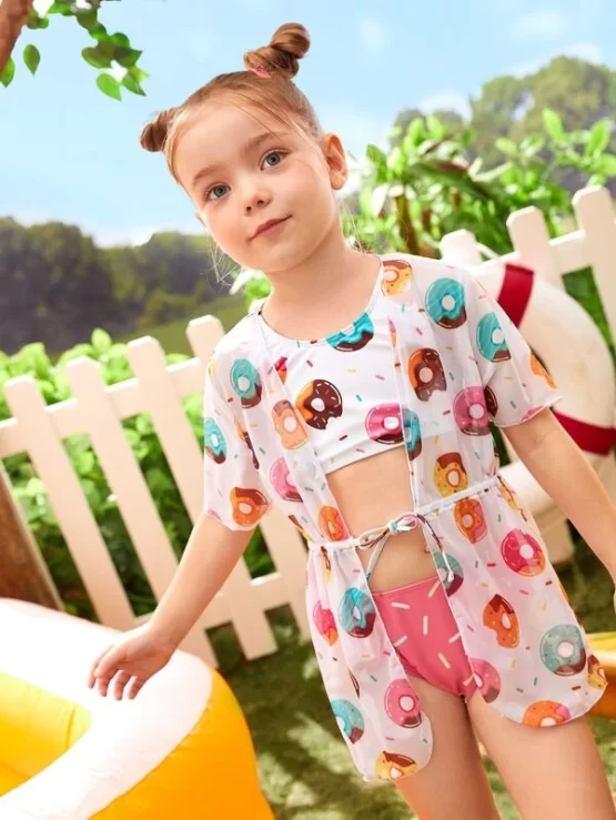 Toddler Girls 3pack Random Donuts Print Bikini Swimsuit With Kimono