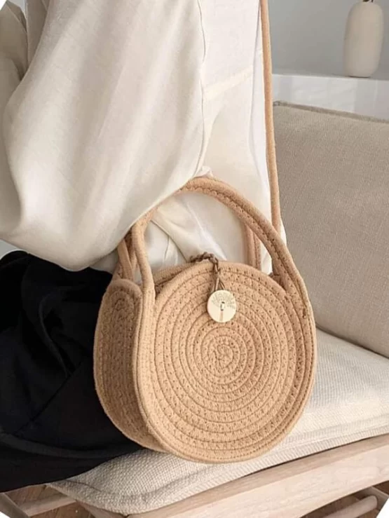 Mini Button Detail Round Straw Double Handle Bag