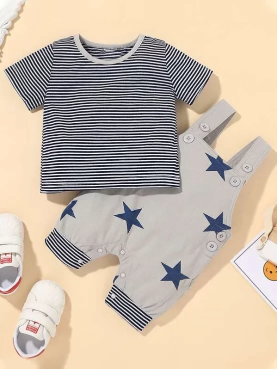 Baby Boy Striped Tee & Star Print Overall Jumpsuit - Image 7