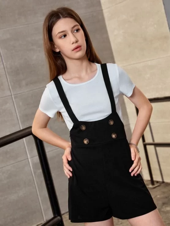Teen Girls Solid Tee & Button Front Overall Shorts