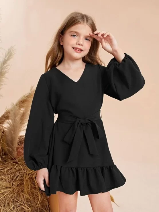 Girls Lantern Ruffle Hem Belted Sleeve Dress