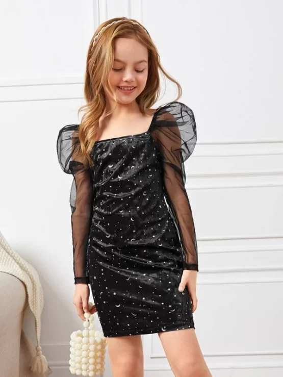 Girls Contrast Mesh Puff Galaxy Sleeve Dress