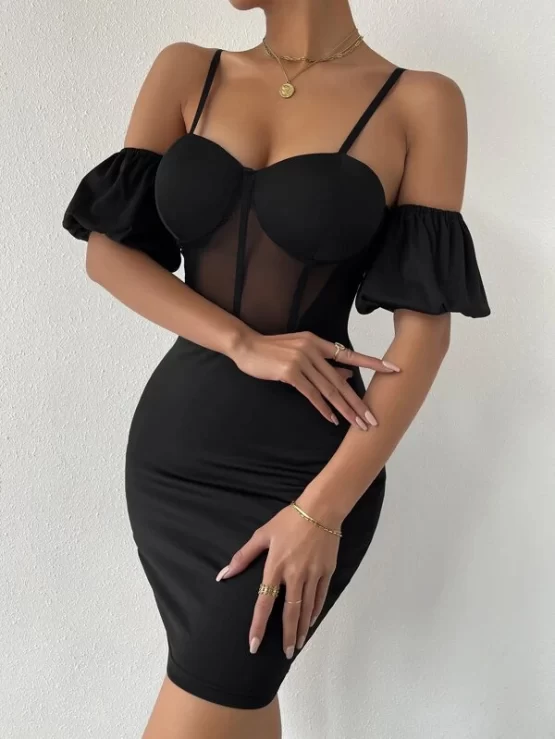 Mesh Insert Cold Shoulder Bustier Bodycon Dress