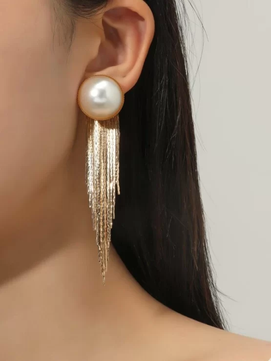 Faux Pearl Decor Metal Tassel Drop Earrings