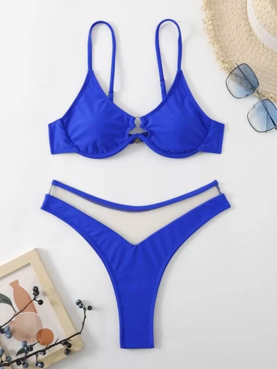 O-ring Contrast Mesh Underwire High Cut Bikini Swimsuit