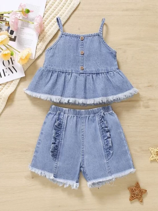 Baby Ruffle Raw Hem Denim Cami Top & Frill Trim Denim Shorts