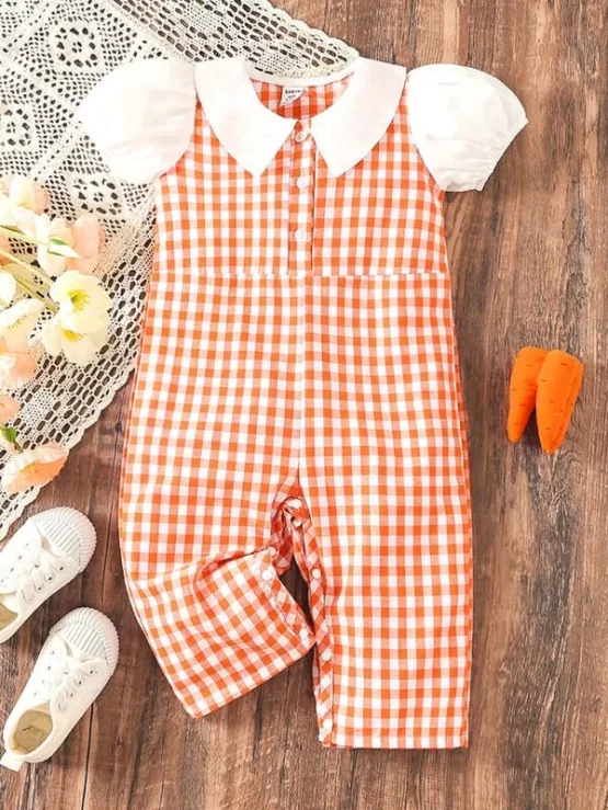 Baby Gingham Print Contrast Puff Sleeve Jumpsuit