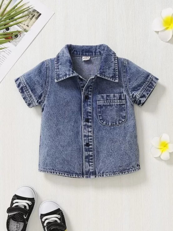 Baby Patched Pocket Button Front Denim Sleeve Shirt