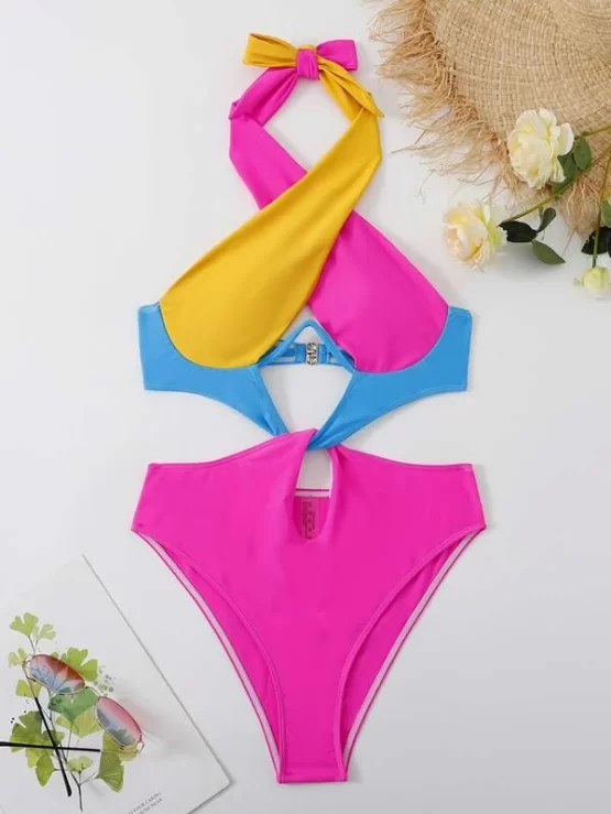 Colorblock Cut Out Tie Back Underwire One Piece Swimsuit