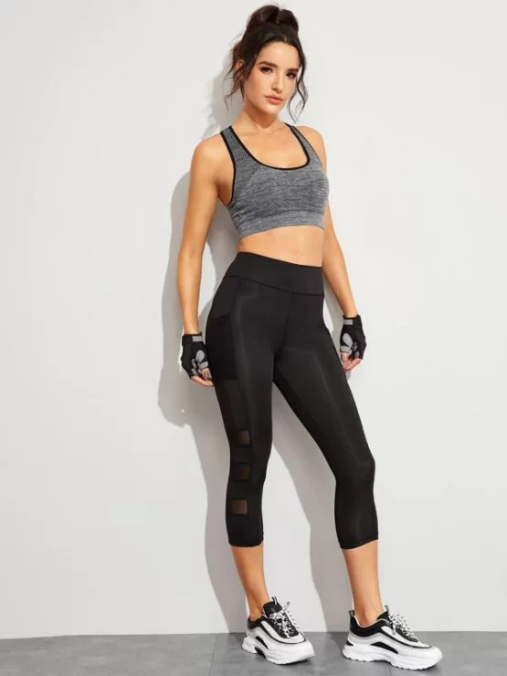 Contrast Mesh Pocket Skinny Capris Leggings - Image 2