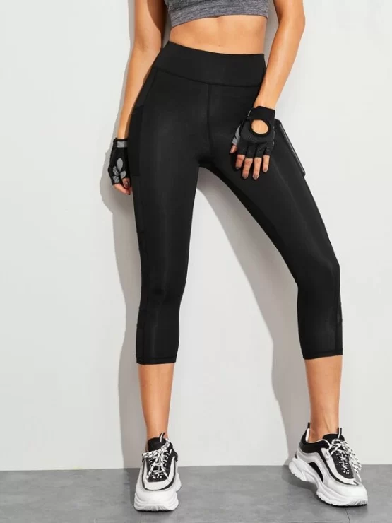 Contrast Mesh Pocket Skinny Capris Leggings - Image 3