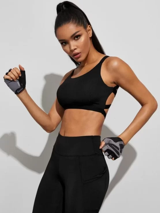Light Support Letter Tape Strappy Back Sports Bra - Image 3