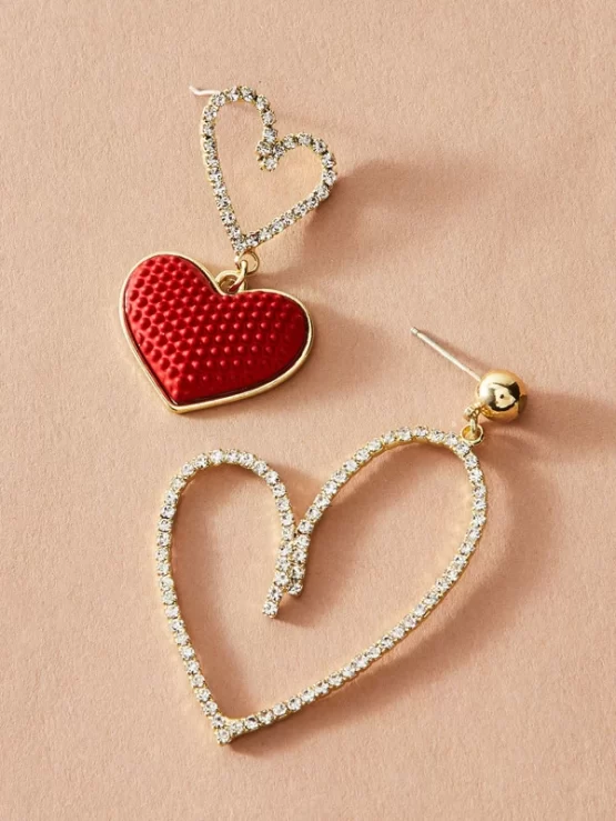 One Pair Asymmetry Rhinestone Decor Heart Drop Earrings - Image 2