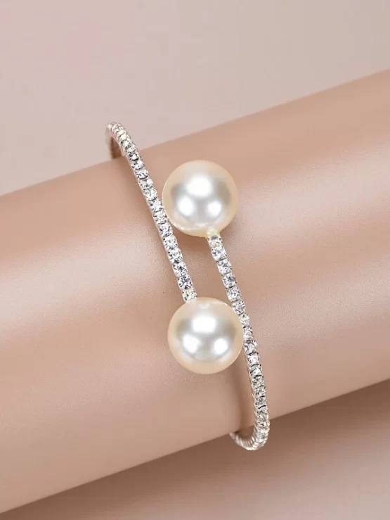 Faux Pearl Decor Rhinestone Cuff Bracelet - Image 2