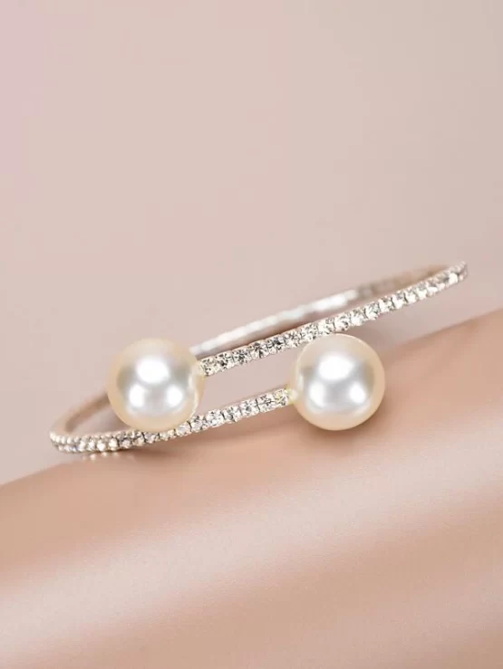 Faux Pearl Decor Rhinestone Cuff Bracelet - Image 3