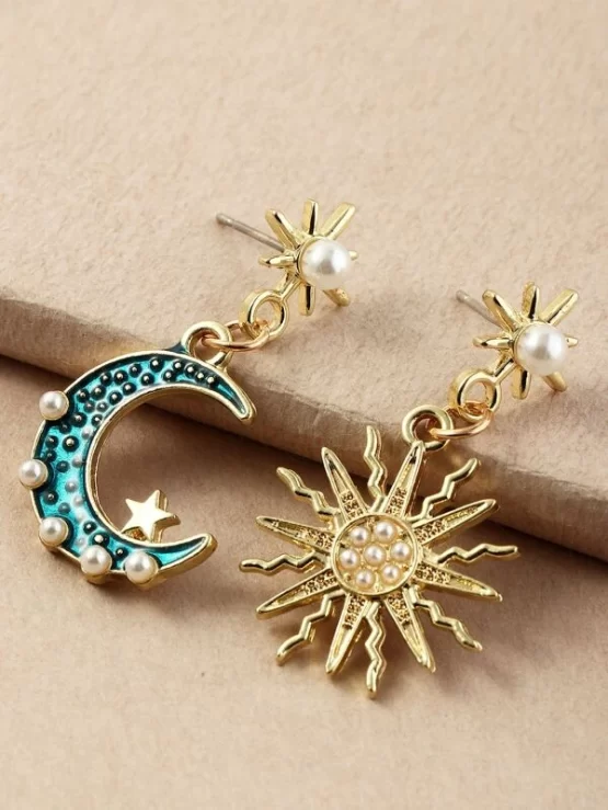 Fashionable Pearls Star Moon Drop Earrings - Image 3