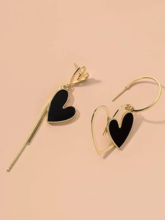 Heart Dangle Charm Mismatched Drop Earrings - Image 2