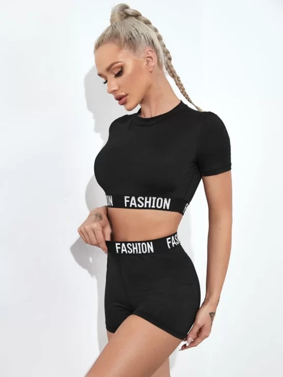 Letter Tape Crop Tee and Shorts Sports Set - Image 2