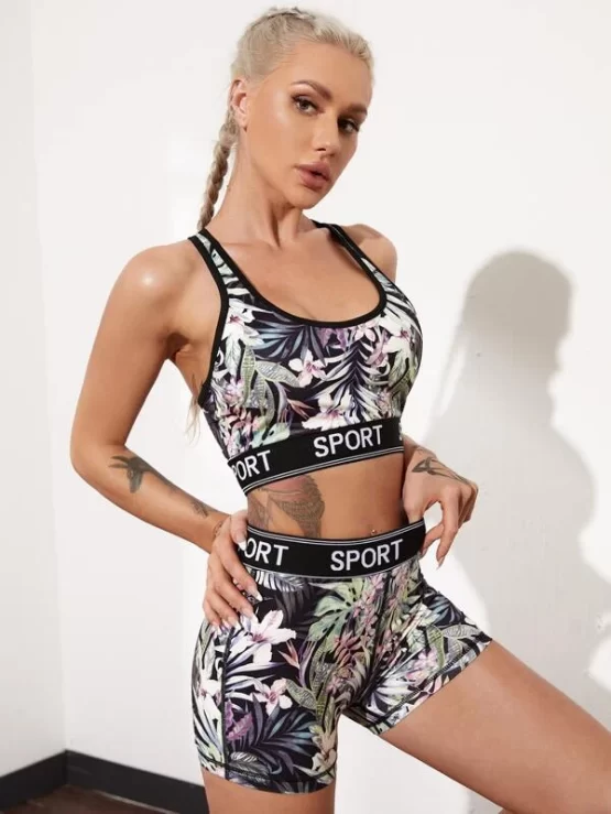 Floral And Letter Graphic Sports Bra With Biker Shorts - Image 3