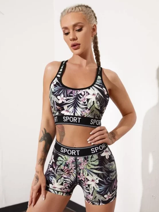 Floral And Letter Graphic Sports Bra With Biker Shorts - Image 2